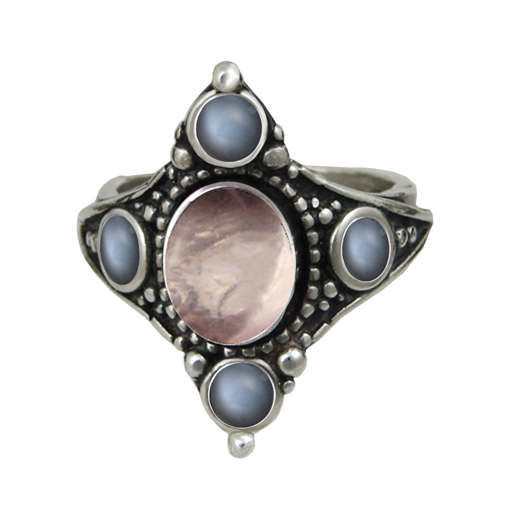 Sterling Silver Renaissance Queen's Ring With Rose Quartz And Grey Moonstone Size 10